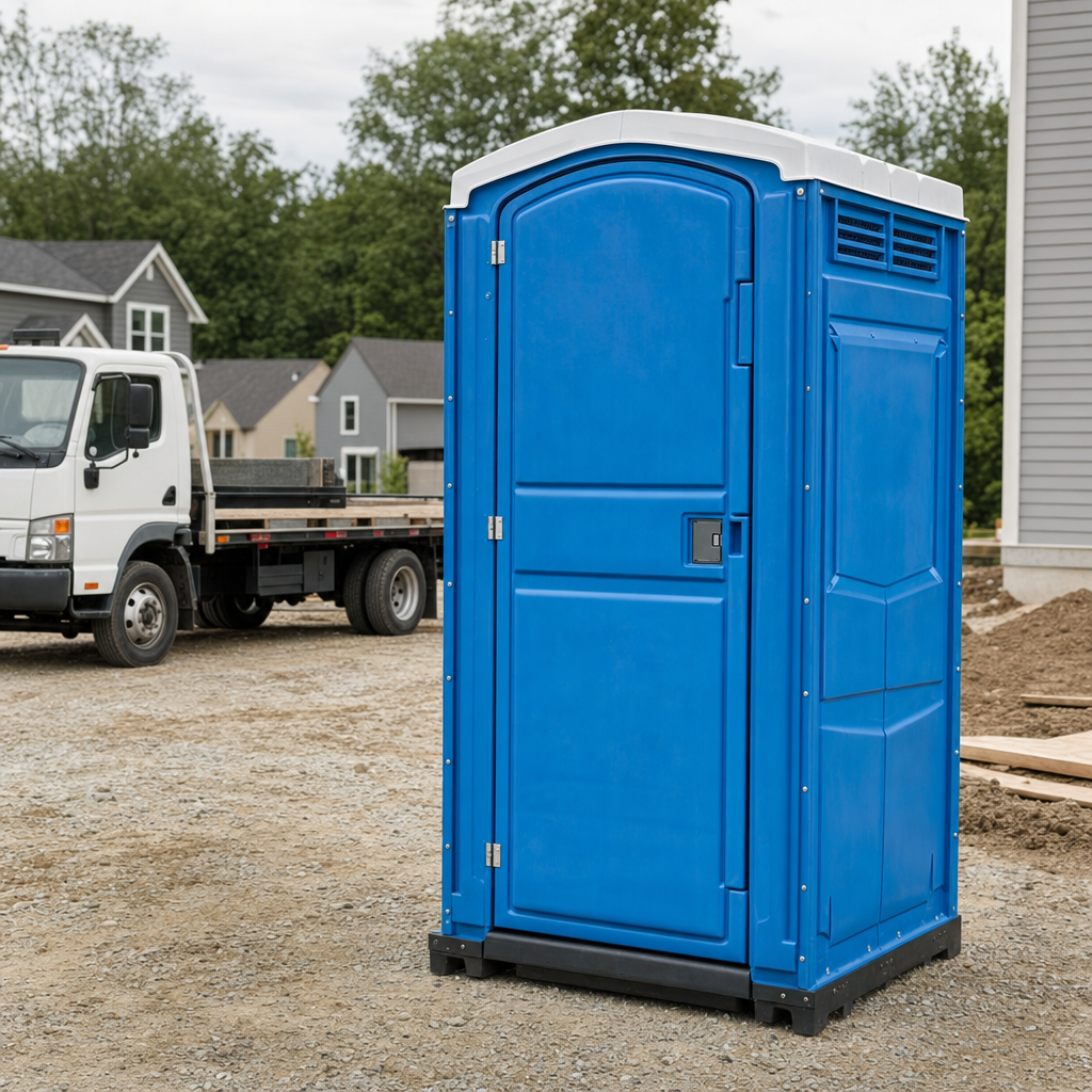 Delivery driver positioning a clean royal-blue portable toilet on level ground at a Pittsburgh worksite