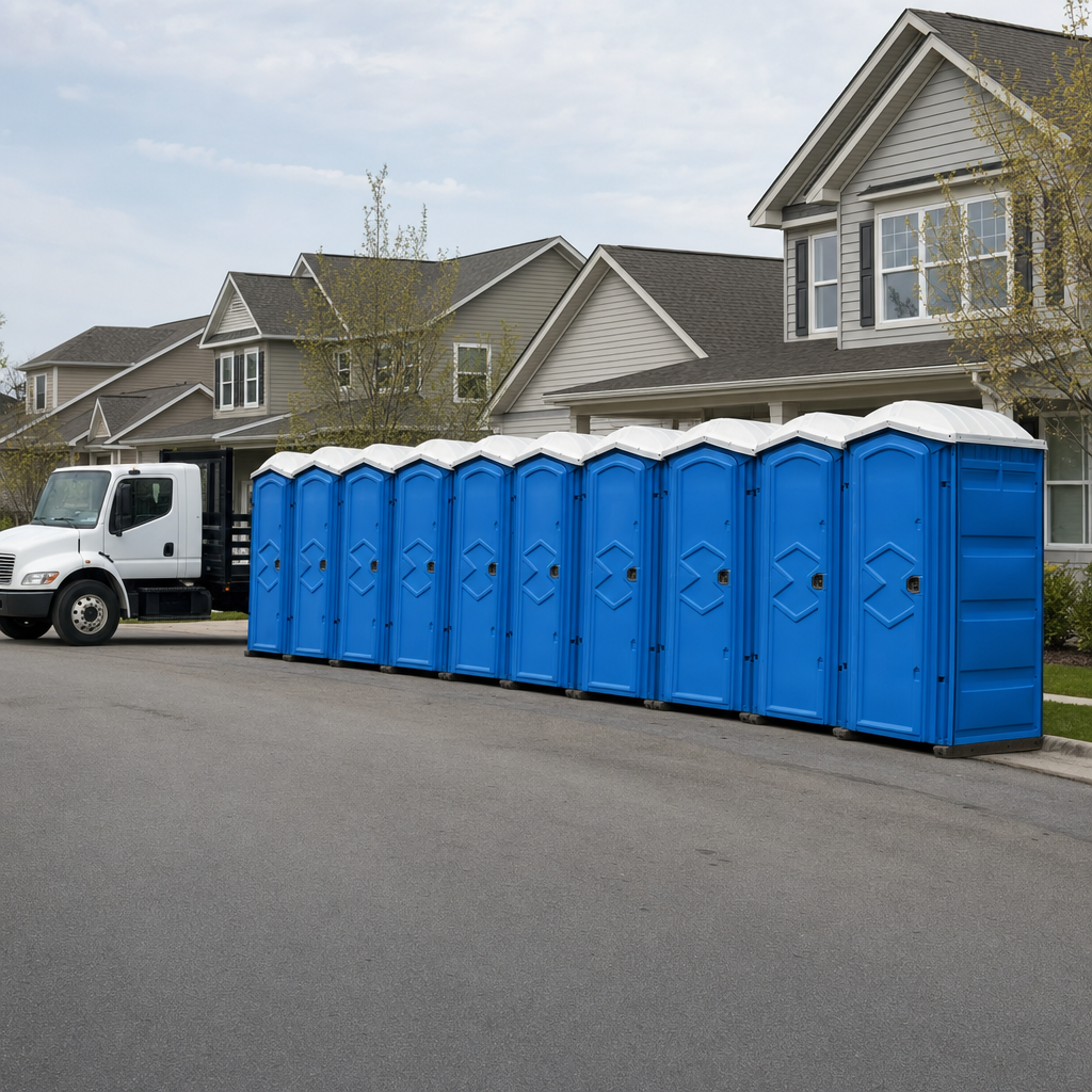 Royal blue portable toilets staged in a tidy row at a Pittsburgh jobsite, ready for delivery